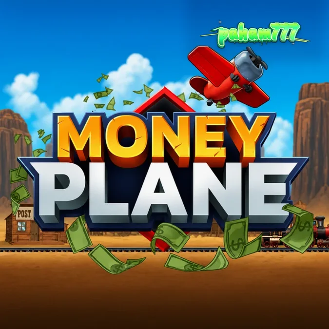Tampilan visual pesawat dalam permainan Money Plane dengan latar belakang bertema kereta uang.